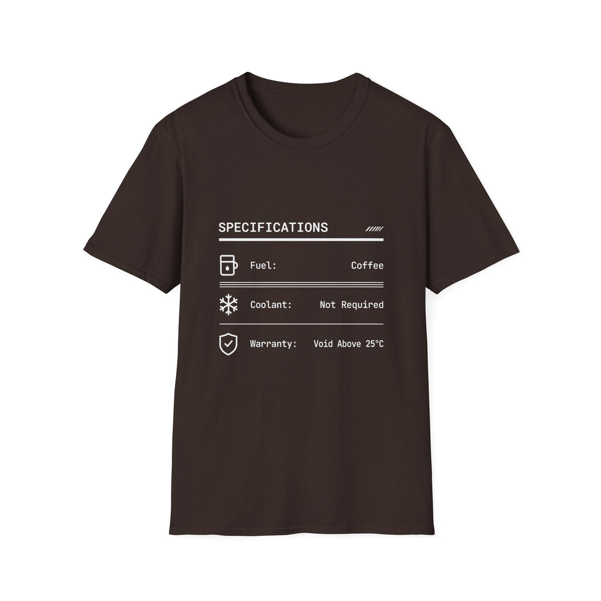 Specifications Fuel Coolant Warranty T-Shirt