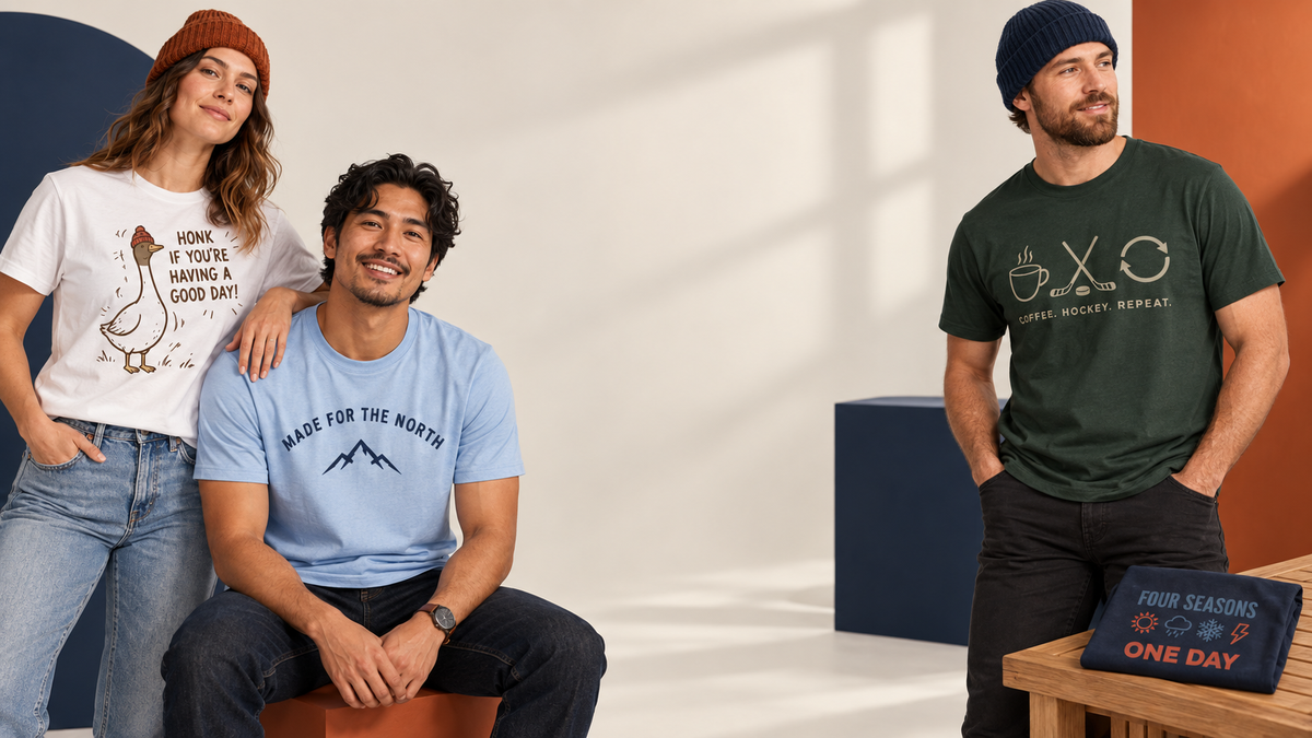 Three models wearing Loonza Canadian graphic T shirts in a studio.